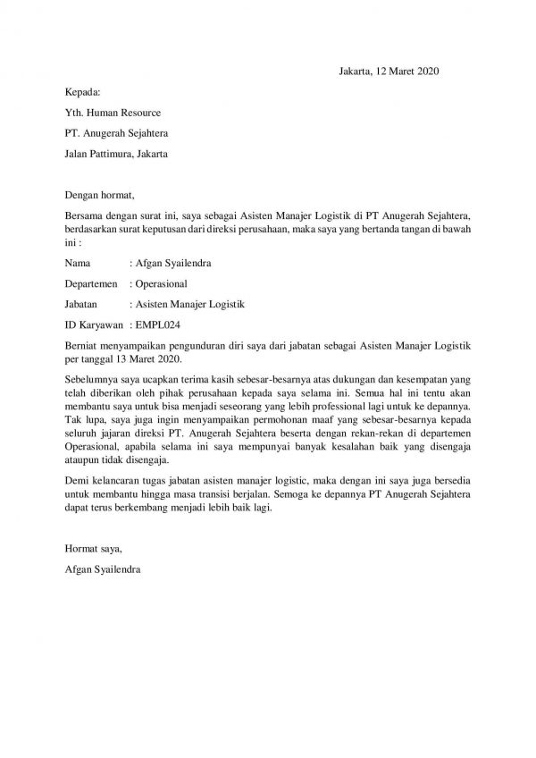 Contoh Surat Resign Yang Baik Dan Benar Serta Resmi (Free Download)